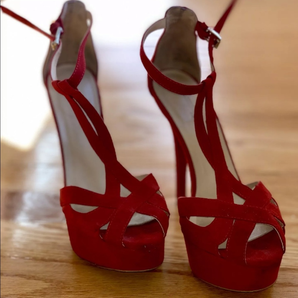 Zara Red Strappy Suede Platform Heals